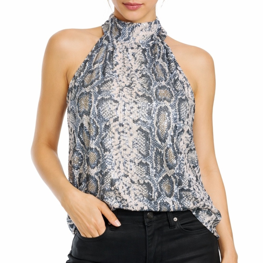 Cable & Gauge Sequin Snake Print Halter Top Silver Black NWT Small